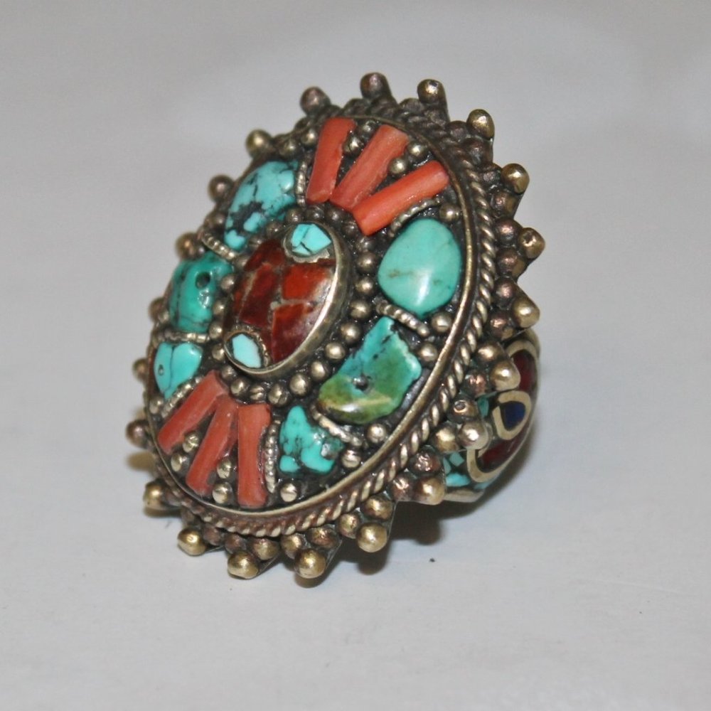 Heavy 925 Zuni Navajo Spiny Oyster Coral Turquoise Cinnabar Native American Ring - Picture 3 of 12